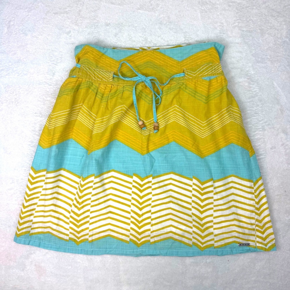 Roxy Y2K Surf Yellow Turquoise Chevron Mini‎ Skirt Size 9 Side Zip Lined Boho